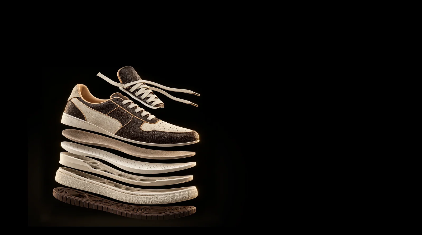 Sprängskiss av en sneaker i mörkbrunt läder och cremefärgad mocka med guldfärgade snörändar, visad lager för lager mot svart bakgrund – designstudie, inte ett kundcase.