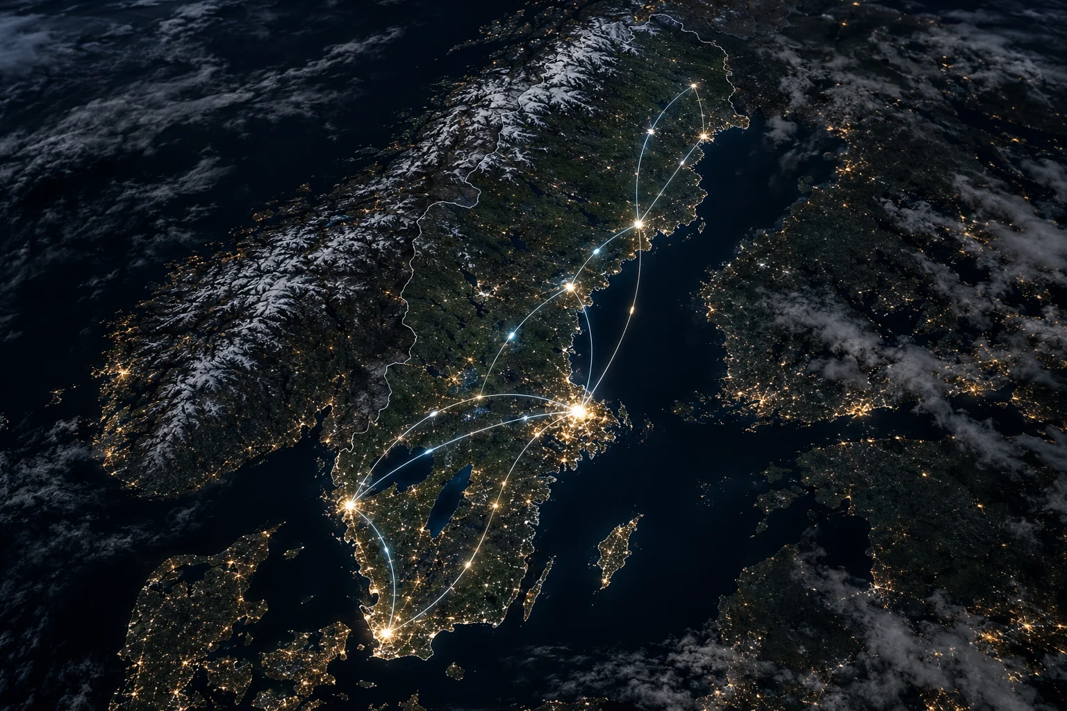 Illustration av Sverige nattetid med upplysta städer och sammanlänkade ljuspunkter för SOVRA Partner.